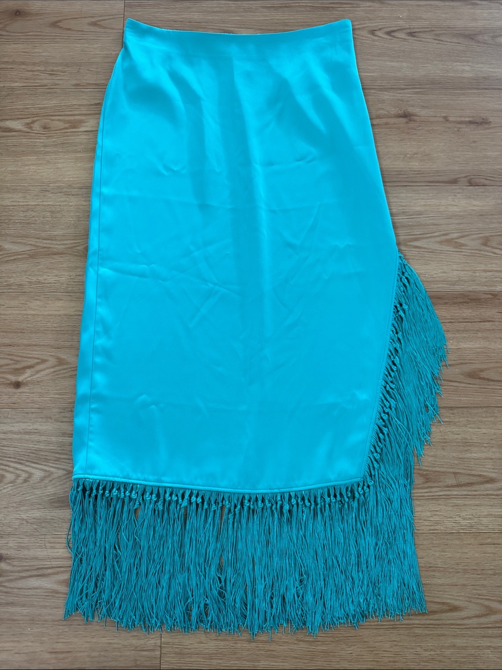 Rachel Zoe Turquoise Asymmetrical Fringe Midi Skirt with Side Slit Size Medium - Picture 2 of 8